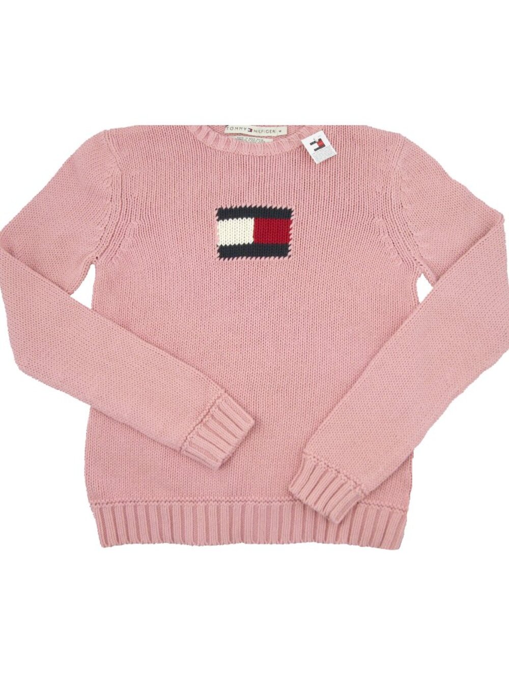 NEW Vintage Tommy Hilfiger Sweater!  Sm or Med  Pink  Huge Tommy Flag Crewneck
